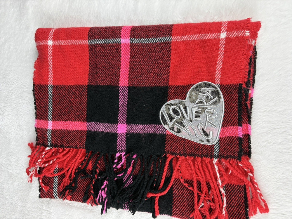Victoria’s Secret Red Plaid Scarf Love Victoria Patch Fringe Preppy Fall Cozy